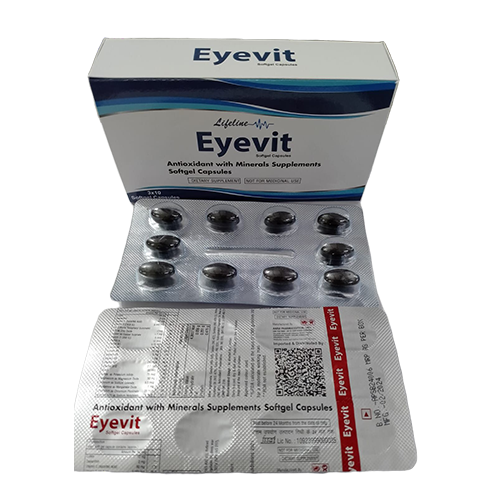 EYEVIT (Each Softgel Capsule Contains: Lutein 10 Mg, Zeaxanthin 2 Mg, Vitamin C (Ascorbic Acid) 80 Mg, Vitamin E (14.9 Iu) 9.983 Mg (As D?Alpha Tocopheryl Succinate), Zinc (As Zinc Oxide) 17 Mg, Copper (As Copper Sulphate) 1.7 Mg, Vitamin D (200 Iu) 5 Mcg, Vitamin K 15 Mcg, Vitamin B1 0.75 Mg, Vitamin B2 0.85 Mg, Vitamin B3 10 Mg, Vitamin B5 5 Mg, Vitamin B6 1 Mg, Vitamin B9 200 Mcg, Vitamin B12 2.2 Mcg, Biotin 30 Mcg, Iodine (As Potassium Iodide) 75 Mcg, Magnesium (As Magnesium Oxide) 50 Mg, Selenium (As Sodium Selenate) 9.5 Mcg, Manganese (As Manganese Oxide) 1 Mg, Chromium (As Chromium Picolinate) 25 Mcg, Molybdenum (As Sodium Molybdate) 22.5 Mcg) Softgel Capsules | Main | Aarvi  Pharmaceutical