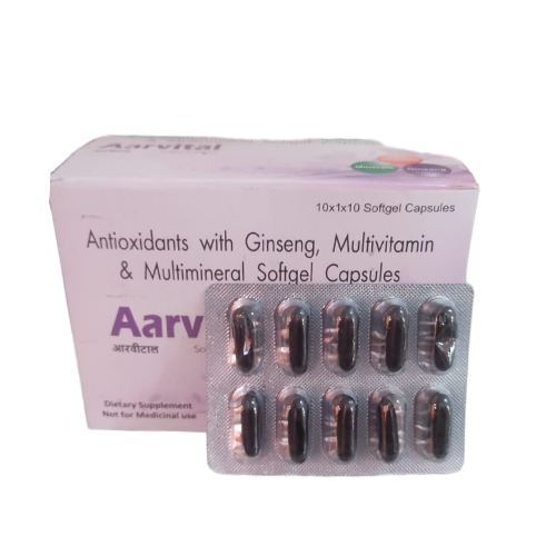 Each Softgelatin Capsule Contains: AARVITAL (Ginkgo Biloba Extract 42.5 Mg, Vitamin A 2000 Iu, Vitamin B1 1 Mg, Vitamin B2 1.5 Mg, Vitamin B3 10 Mg, Vitamin B5 5 Mg, Vitamin B6 1 Mg, Vitamin B12 1 Mcg, Vitamin C 40 Mg, Vitamin D3 200 Iu, Vitamin E 5 Mg, Folic Acid 0.15 Mg, Calcium Carbonate 75 Mg, Phosphorus (As Dibasic Calcium Phosphate) 58 Mg, Zinc Sulphate 10 Mg, Ferrous Fumarate 30 Mg, Magnesium Oxide 3 Mg, Potassium (As Potassium Chloride) 2 Mg, Manganese Sulphate 0.5 Mg, Copper (As Copper Sulphate) 0.5 Mg, Iodine (As Potassium Iodide) 0.1 Mg) Softgelatin Capsules | Main | Aarvi  Pharmaceutical
