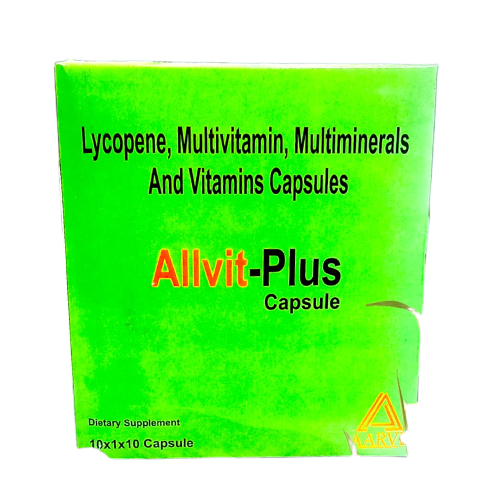 Each Contains Hard Gelatin Capsule (Allvit-Plus) Lycopene 5000 I.U, Niacin 14 Mg, Ascorbic Acid 12 Mg, Riboflavin 1 Mg, Thiamine 0.7 Mg, Biotin 450 Mcg, Cynocobalamin 15 Mcg, Pyridoxine 0.57 Mg, Vitamin A 500 Mcg, Vitamin D3 90 I.U, Tocopherols 1.5 Mg, Iodine 70 Mcg, Copper 0.25 Mg, Zinc 2.55 Mg, Sodium 6 Mcg, Maganese 1.25 Mg Gelatin Capsule | Main | Aarvi  Pharmaceutical